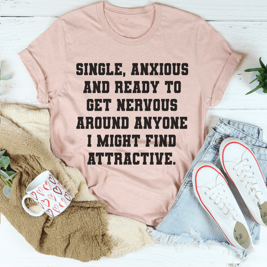 Heather peach crew-neck T-shirt with bold black slogan graphic across the chest