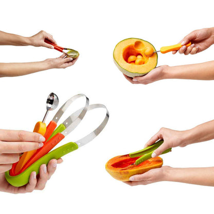3-in-1 fruit scooper set shown scooping melon halves with red and yellow tools
