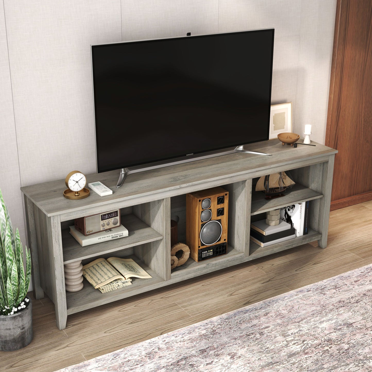 TV stand media console with wide top and open cubbies, light gray finish, dark shelving