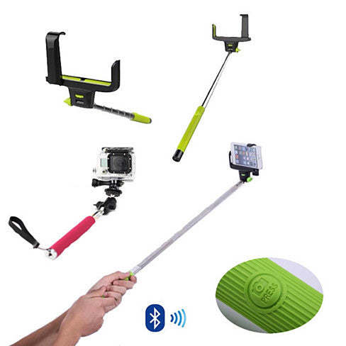 Bluetooth selfie monopod kit with phone clamp, camera mount, and lime/pink handle