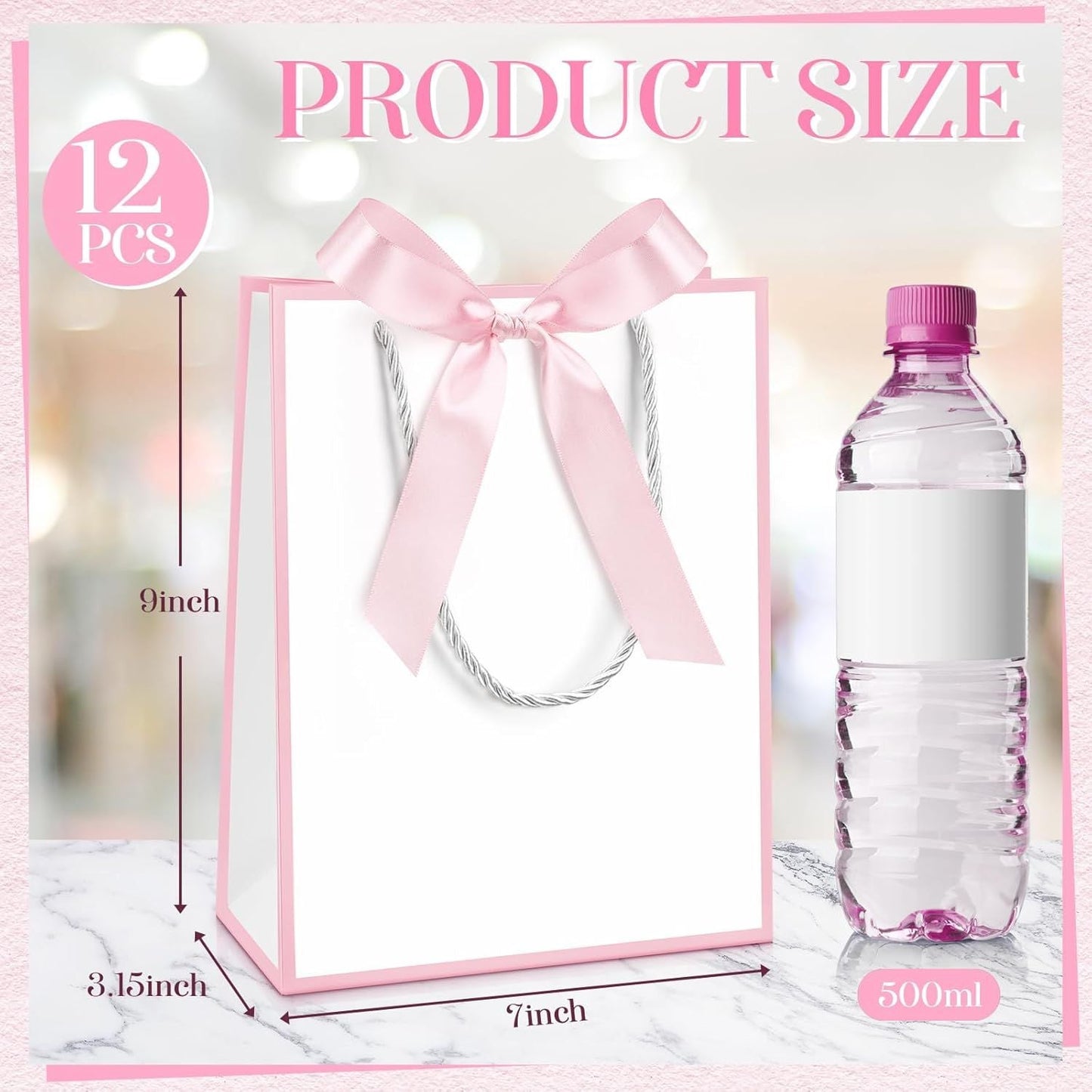 12/24 Pack Paper Gift Bags with Handle 9x7x3.15'' Thank You Gift Bags with Bow Ribbon for Holiday Valentines Wedding Bridal Baby Shower Birthday Party