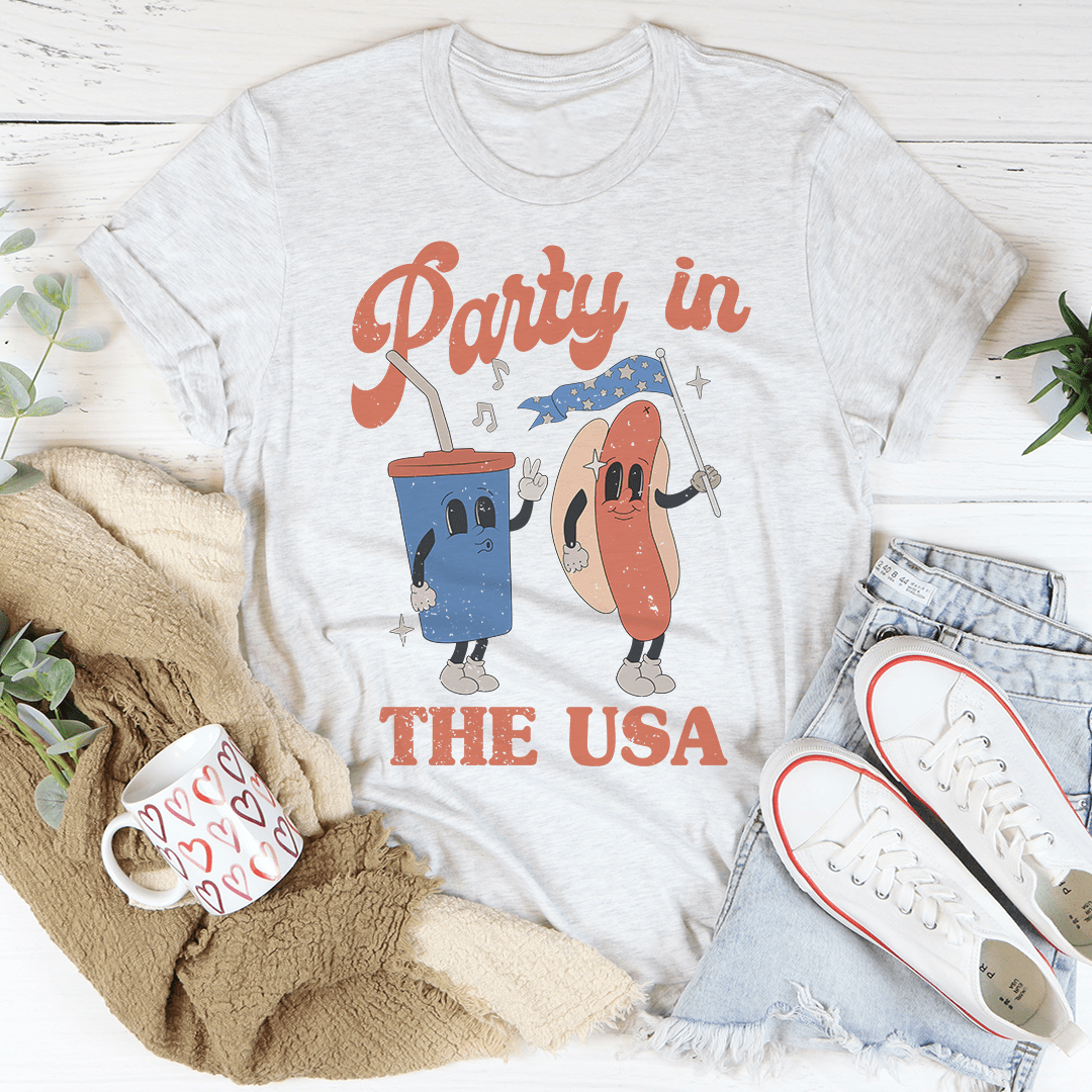 Light gray T-shirt with 'Party in the USA' hot dog cartoon graphic