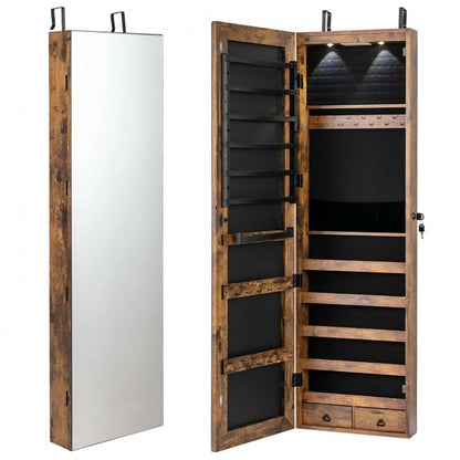 Wall-mounted mirrored jewelry cabinet in rustic brown with open organizer compartments