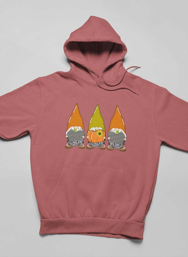 Mauve fall hoodie with front gnome graphic, pullover hood, and kangaroo pocket.