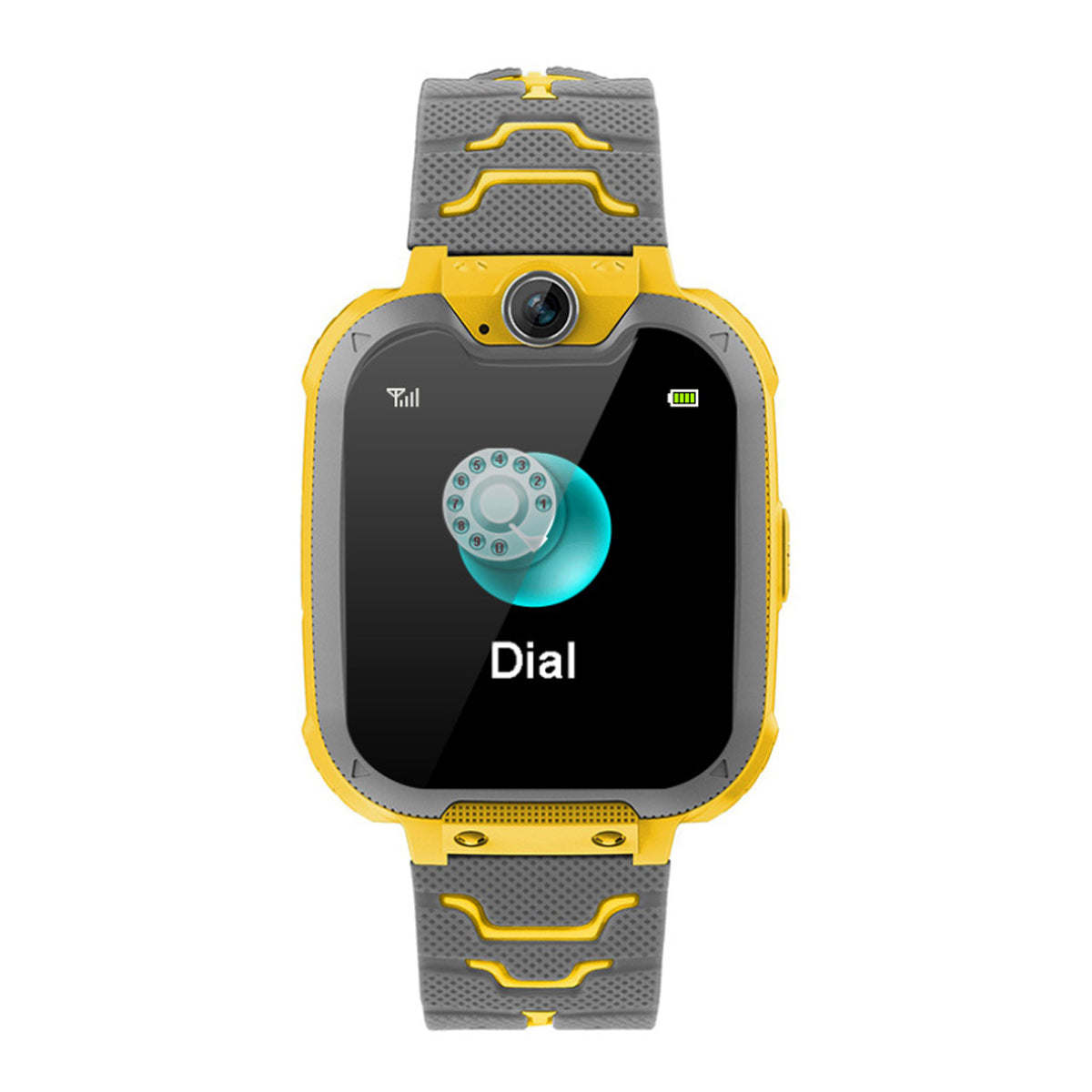 Kid's smart watch with gray strap and yellow details, “Dial” text on dark screen.