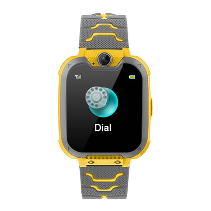 Kid's smart watch with gray strap and yellow details, “Dial” text on dark screen.