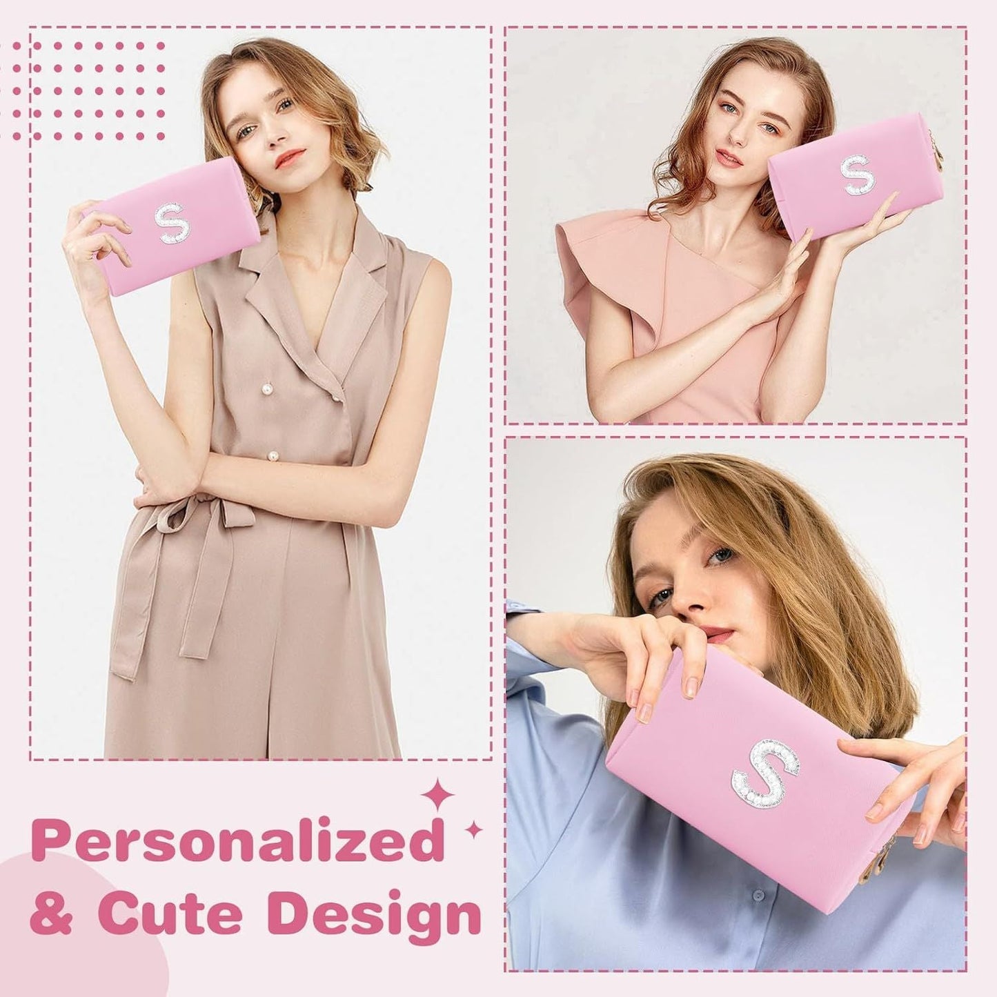 Bride Gifts – Personalized Initial Makeup Bag with Pearl Rhinestone Patch, Preppy Pink Monogram Cosmetic/Toiletry Pouch, bridesmaid Gifts, Bridal Shower Gifts, Wedding Gifts, Bridal Gifts,S