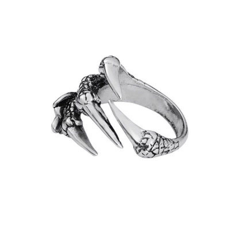 Silver open claw ring with dragon and eagle motif, wide band, spiked points