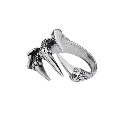 Silver open claw ring with dragon and eagle motif, wide band, spiked points
