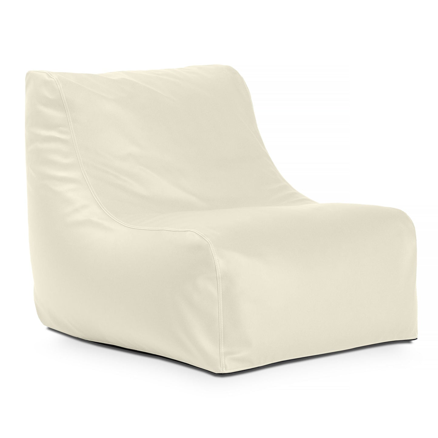 White bean bag chair with curved armrests and visible side panel seams