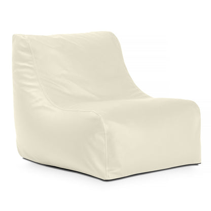 White bean bag chair with curved armrests and visible side panel seams
