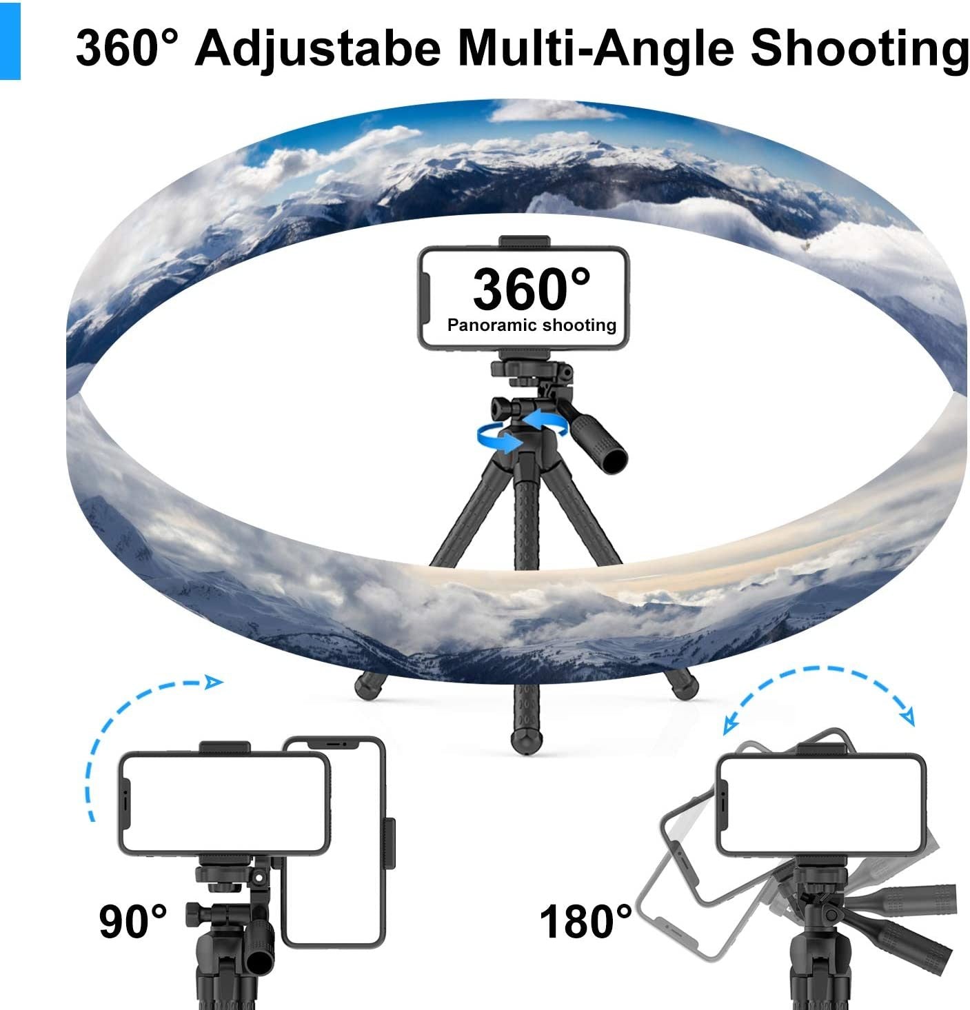Black flexible tripod with phone clamp mount and three leg stand