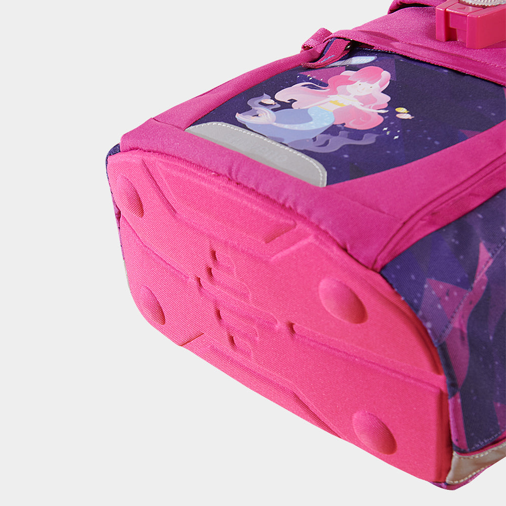Children's pink backpack side view with textured molded grips and starry front panel
