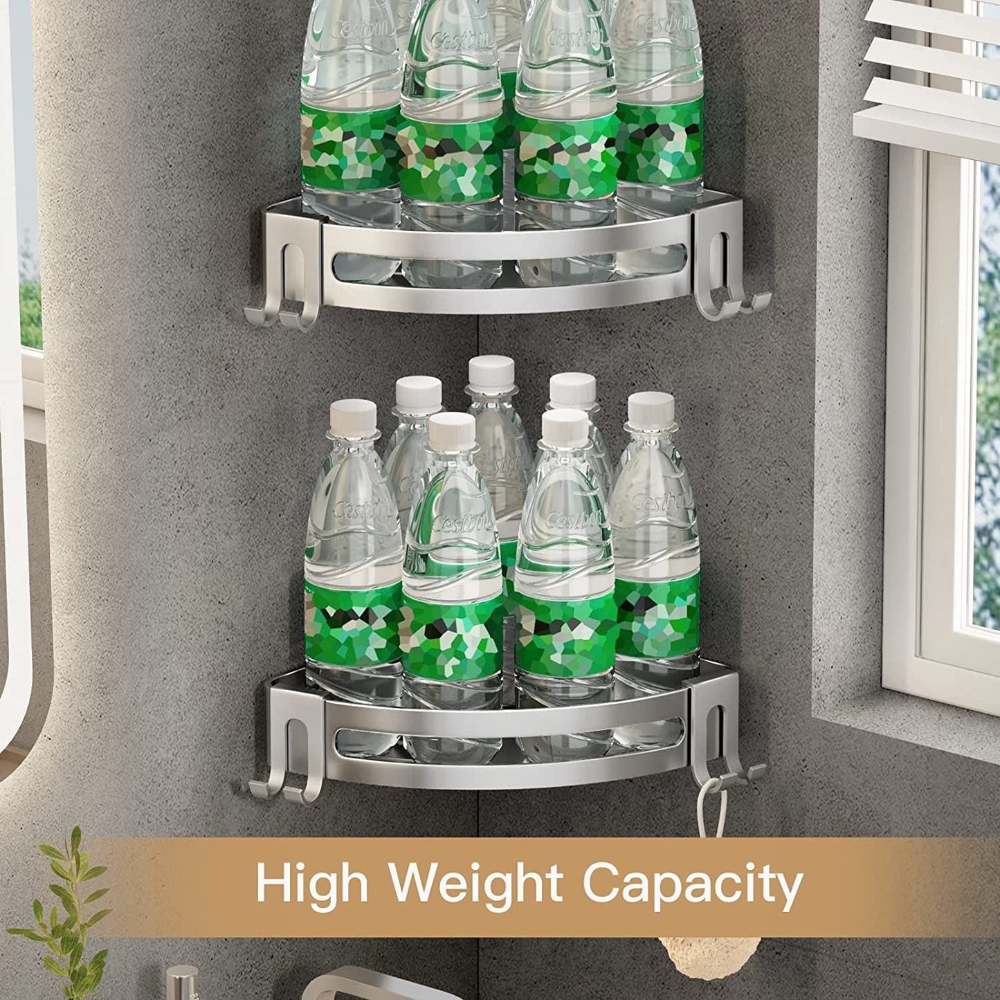 Silver corner shower shelf caddy with two levels for bottles and packs