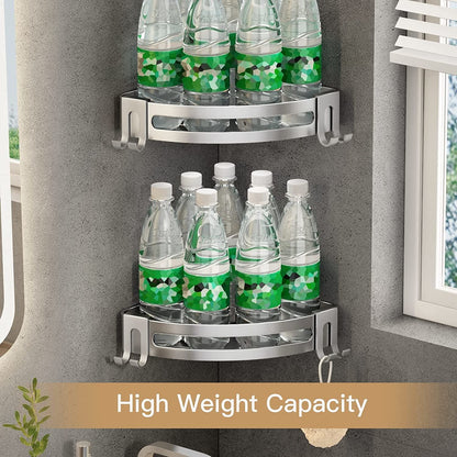 Silver corner shower shelf caddy with two levels for bottles and packs