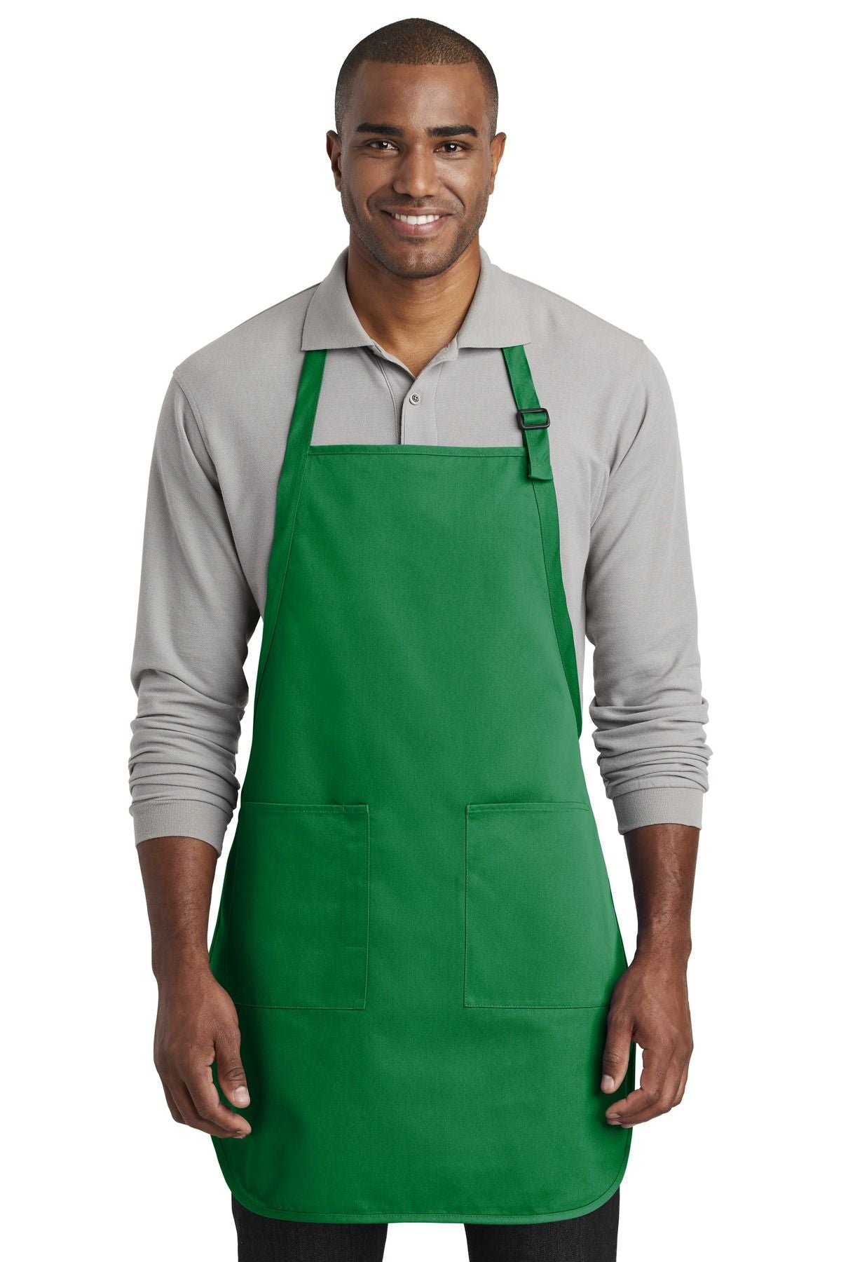 Full-length two-pocket bib apron, kelly green, with neck strap and two front pockets.