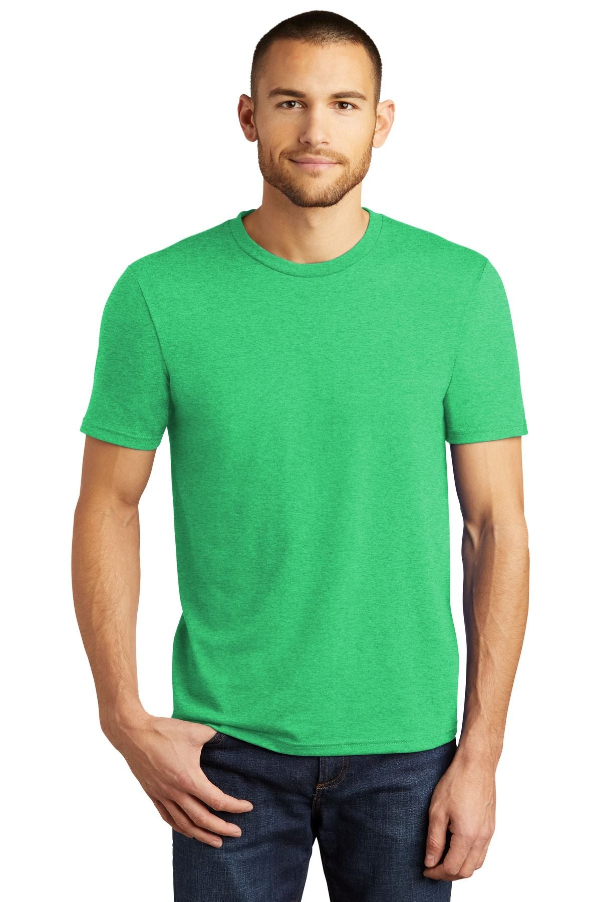Bright green crewneck tri tee with short sleeves.