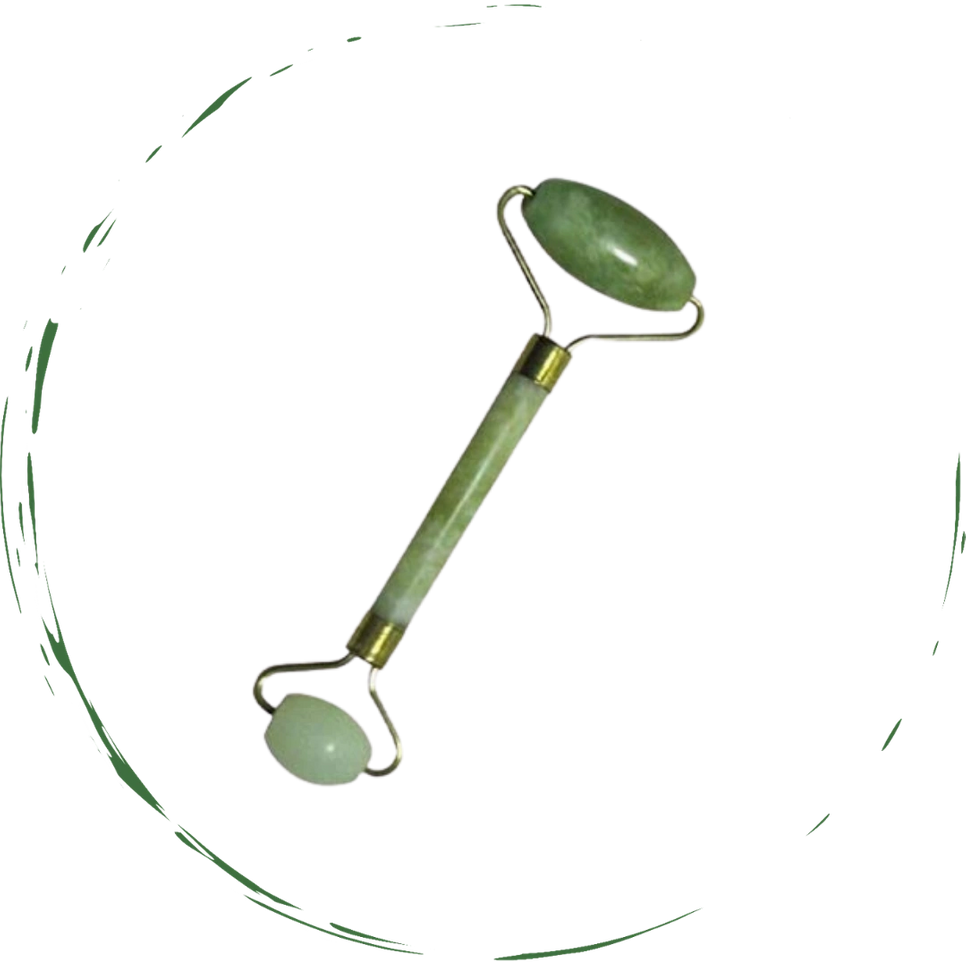 Jade facial roller with two green stones and gold-toned metal frame