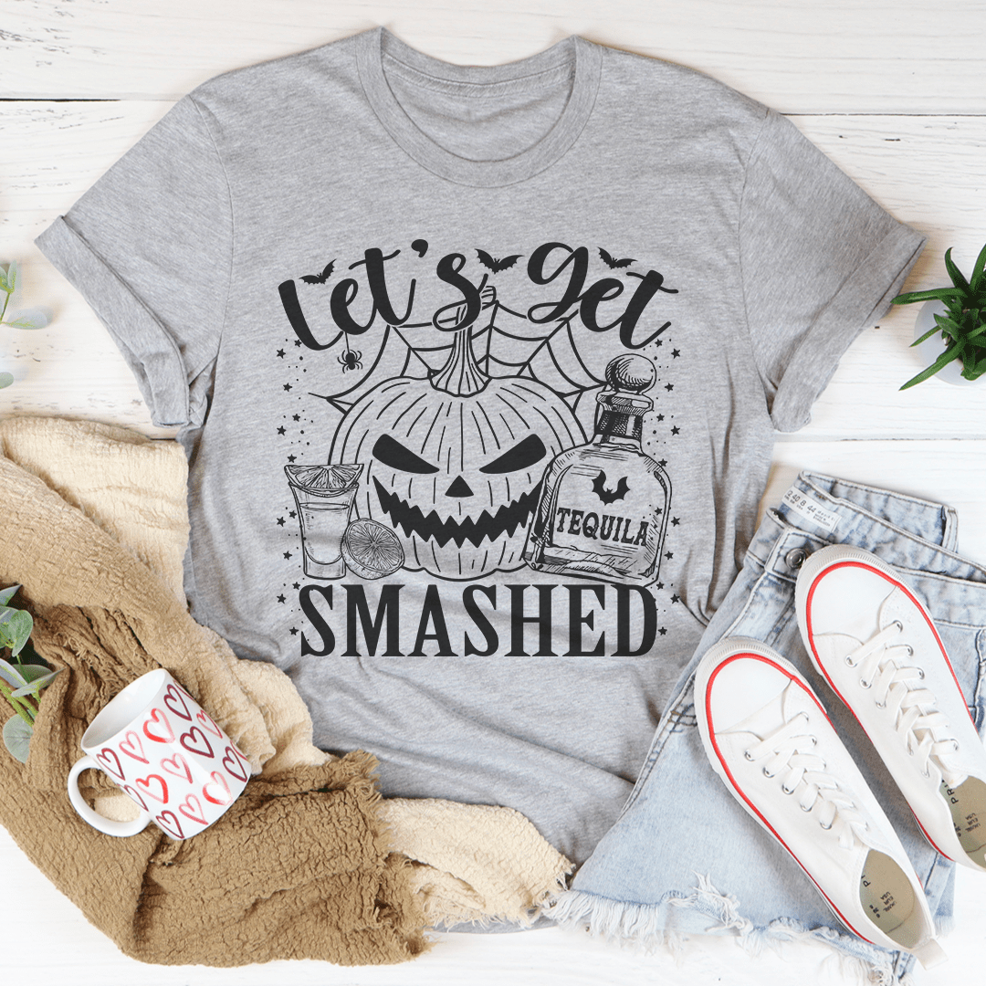Heather gray crewneck T-shirt with pumpkin face, tequila bottle, and “Smashed” graphic