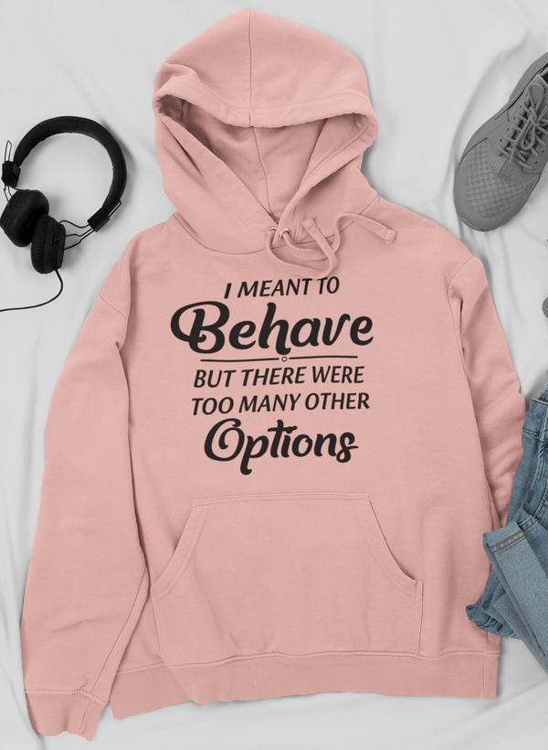 Pullover hoodie in mauve with front text graphic, drawstring hood, kangaroo pocket
