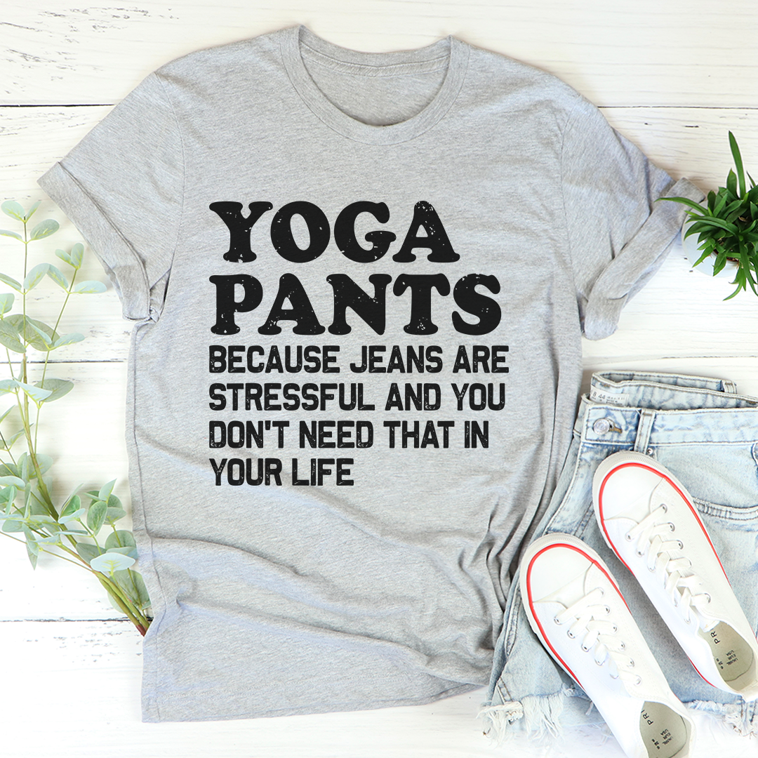 Heather gray crew-neck graphic T-shirt with “YOGA PANTS” text and slogan