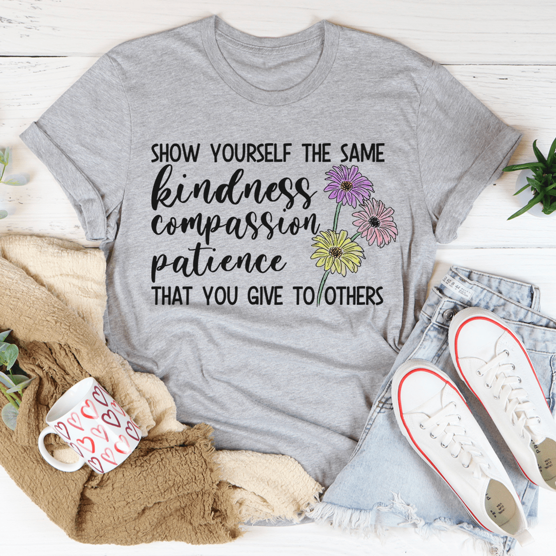 Heather gray T-shirt with “Show Yourself” quote and flower graphic on the chest