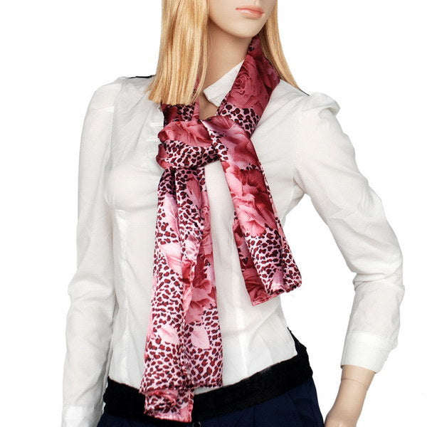 Silk scarf/wrap with burgundy leopard print and rose floral pattern, worn with white shirt