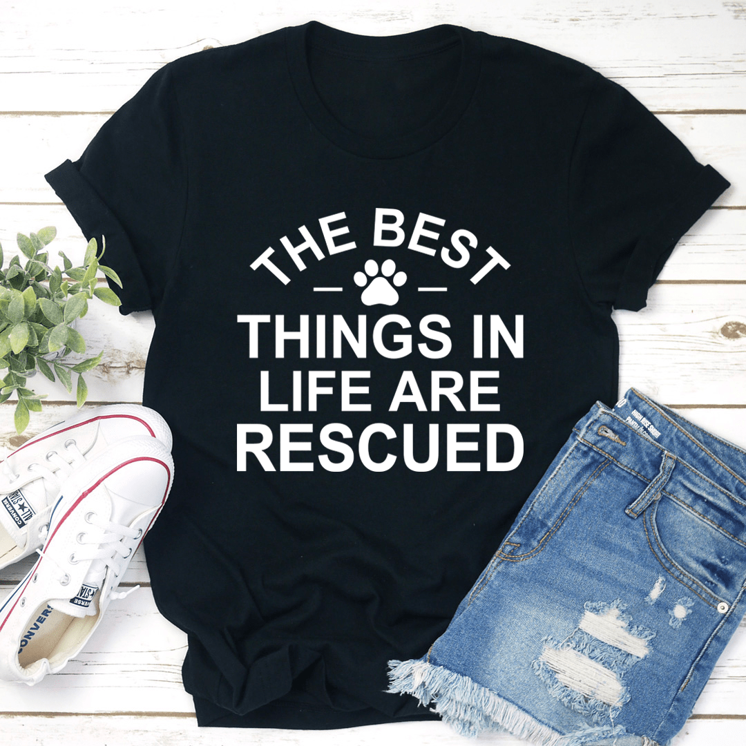 Black rescue T-shirt with white paw icon and slogan text