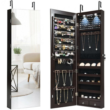 Black mirrored jewelry cabinet open with lit jewelry organizer and storage shelves