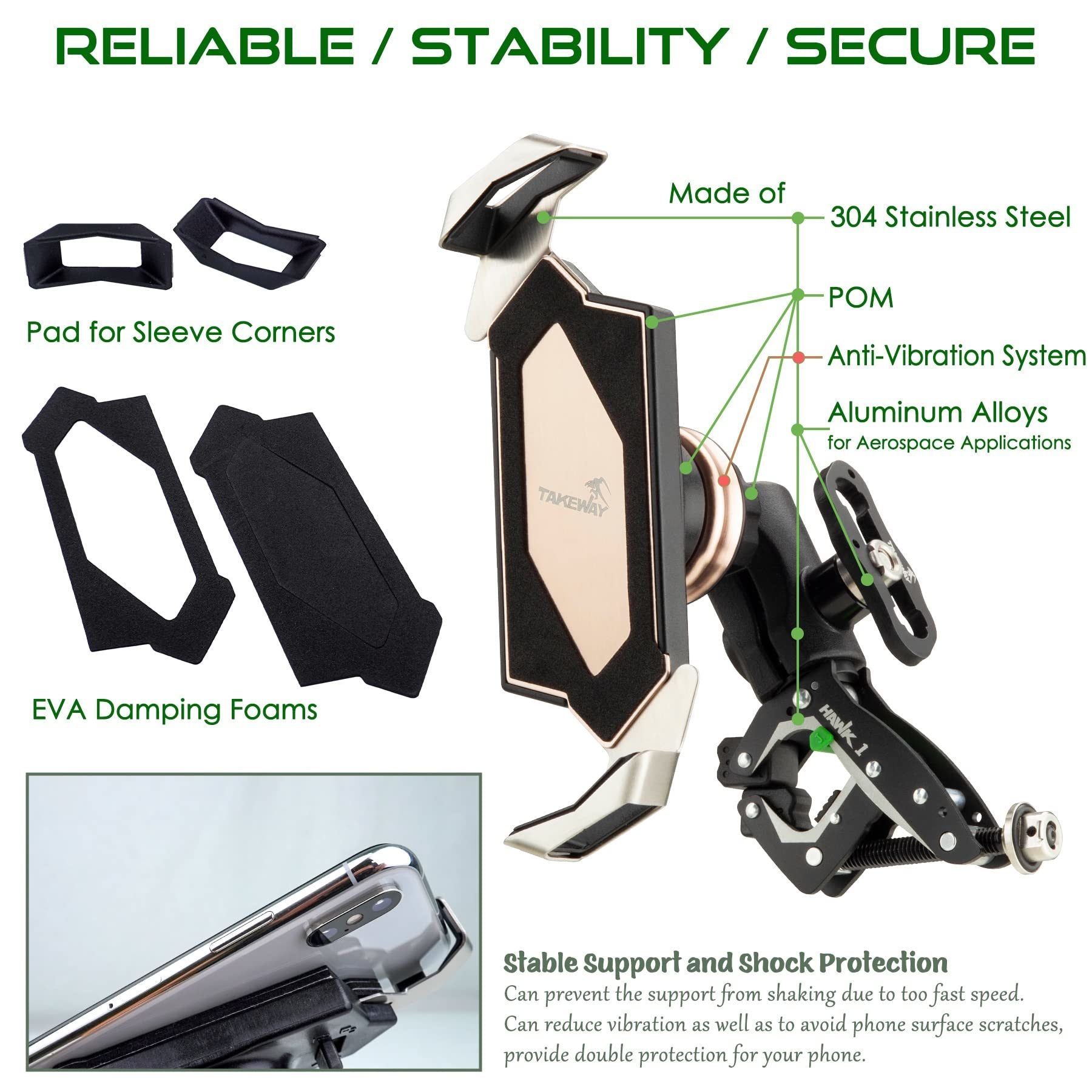 Black phone mount components with shock protection pads and metal clamp base