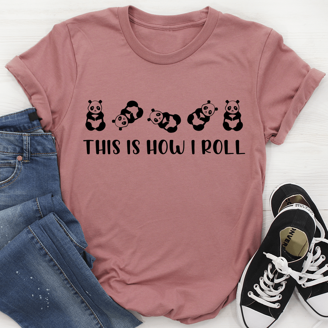 Mauve crew-neck T-shirt with panda graphic and This is how I roll quote