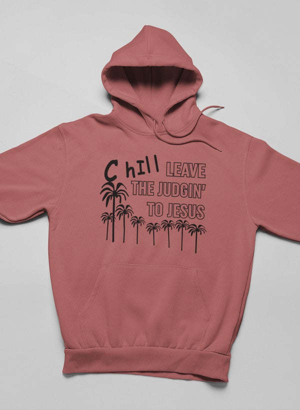 Mauve hoodie with front palm graphic and pullover hood, long sleeves
