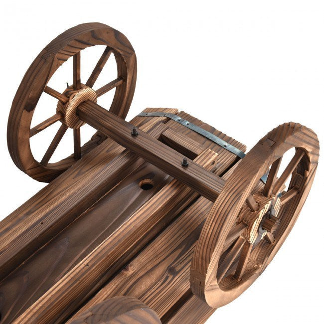 Wood wagon planter pot stand with wheels, close-up of metal-banded top frame
