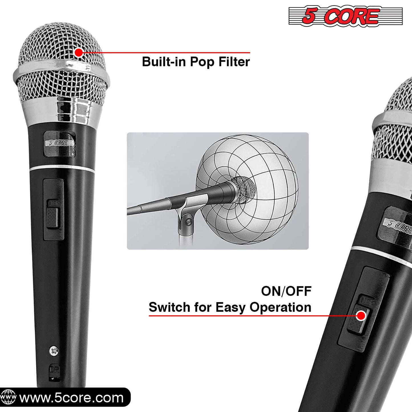 Black handheld microphone with metal grille and on/off switch