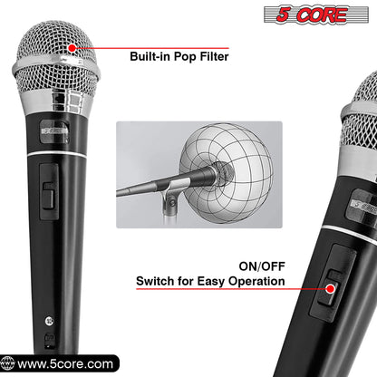 Black handheld microphone with metal grille and on/off switch