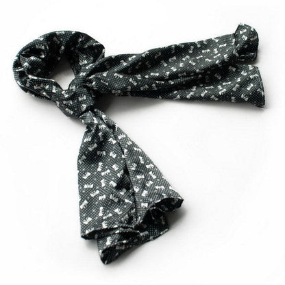 Black silk scarf with white mini print, tied bowknot end detail