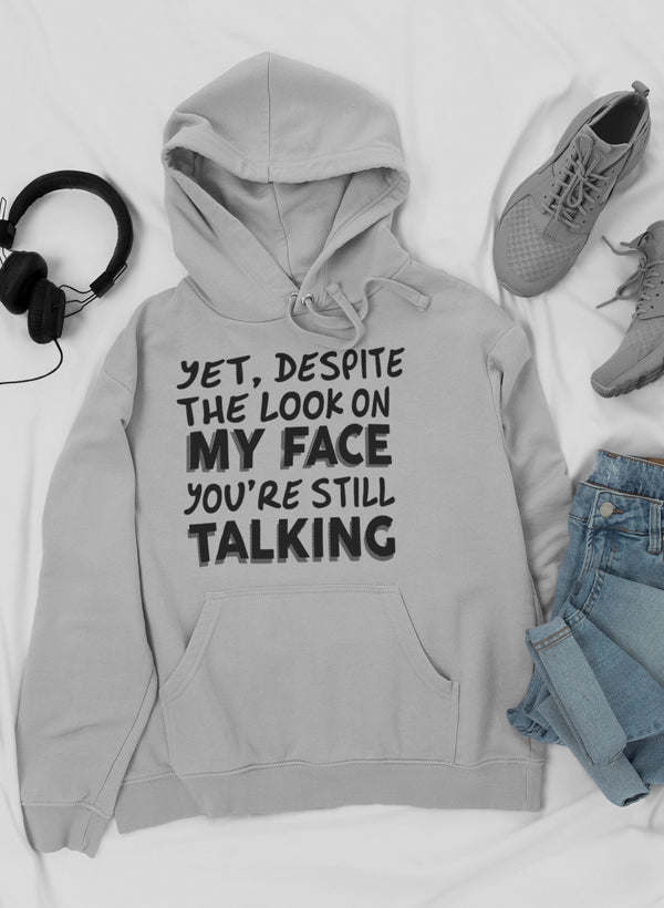 Light gray hoodie with hood, drawstring, kangaroo pocket, and bold front text print.
