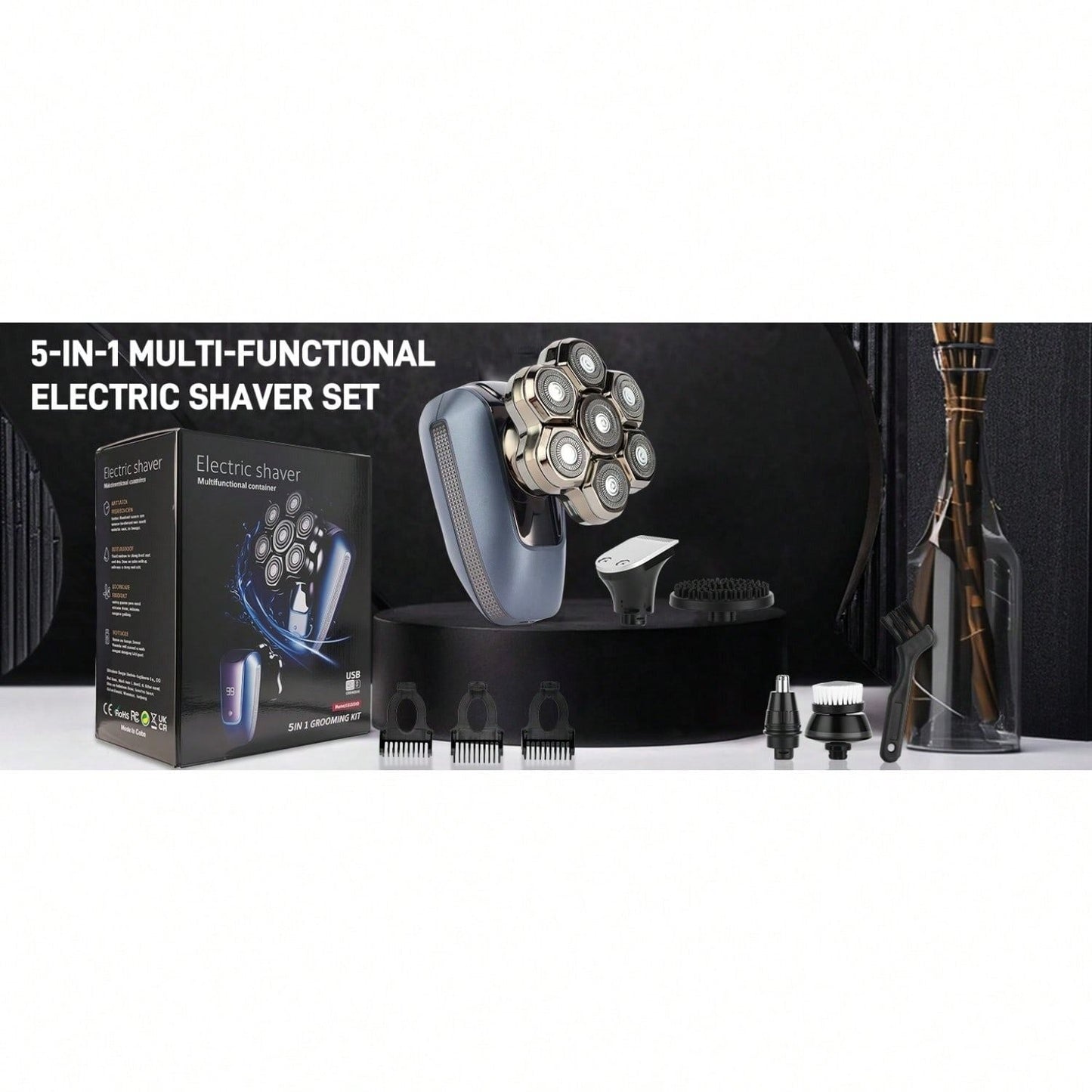 Electric shaver kit with packaging box and attachments, dark blue rotary shaver