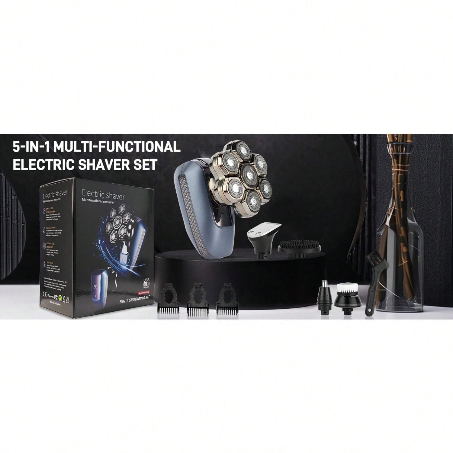 Electric shaver kit with packaging box and attachments, dark blue rotary shaver