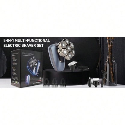 Electric shaver kit with packaging box and attachments, dark blue rotary shaver