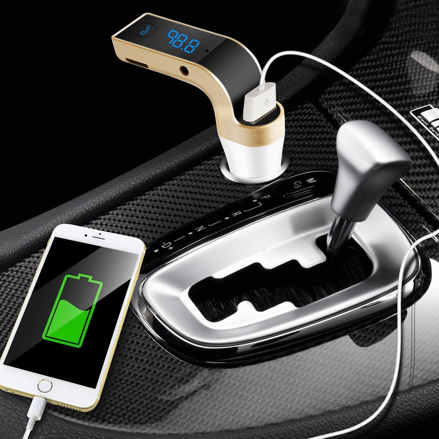 Gold car FM transmitter with phone charging cable and LCD frequency display