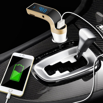Gold car FM transmitter with phone charging cable and LCD frequency display