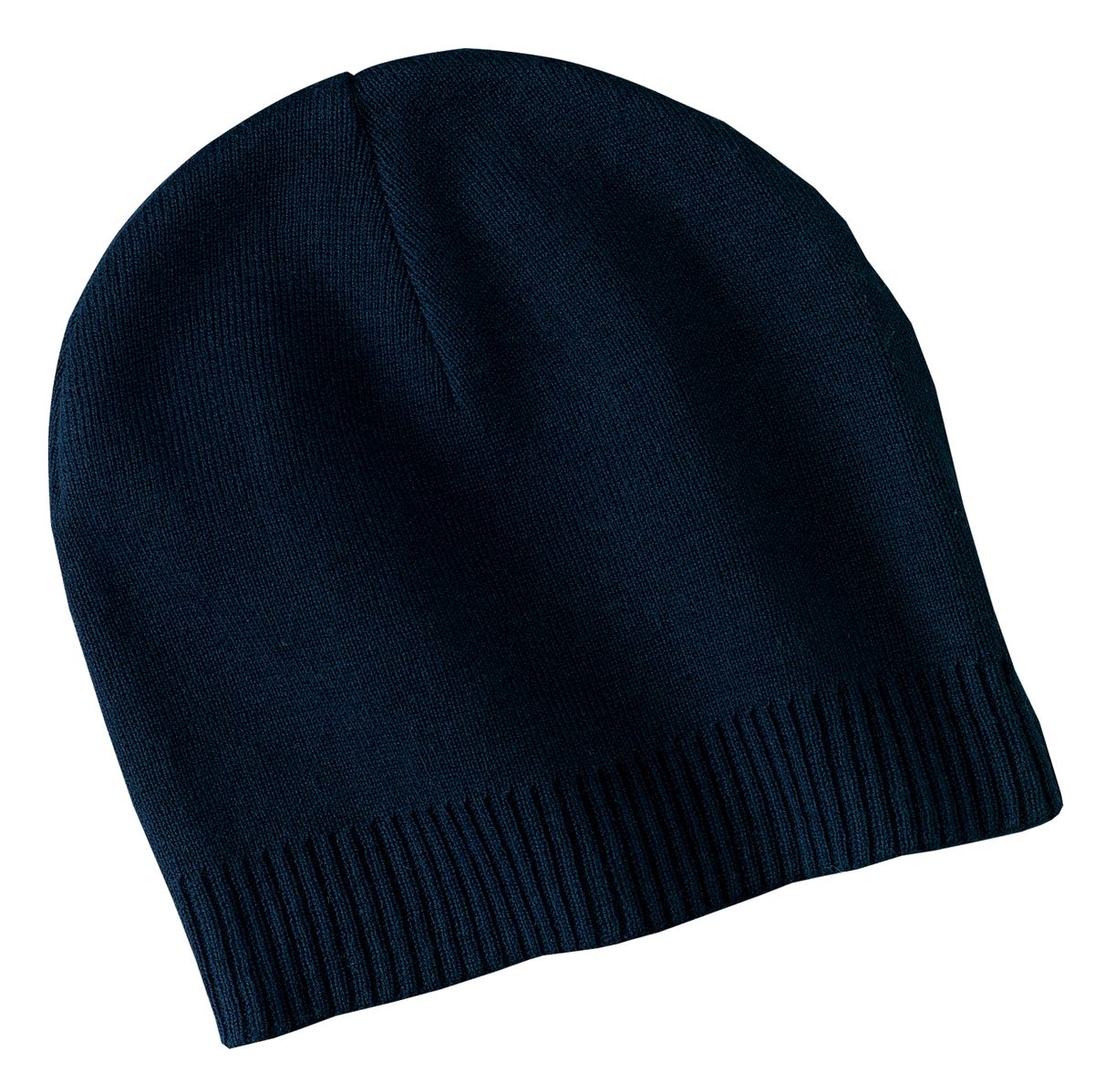 Navy cotton beanie with ribbed knit cuff and snug, knit fit.
