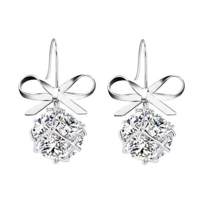 Silver-tone bow hook earrings with ribbon bow and round zircon drop stones