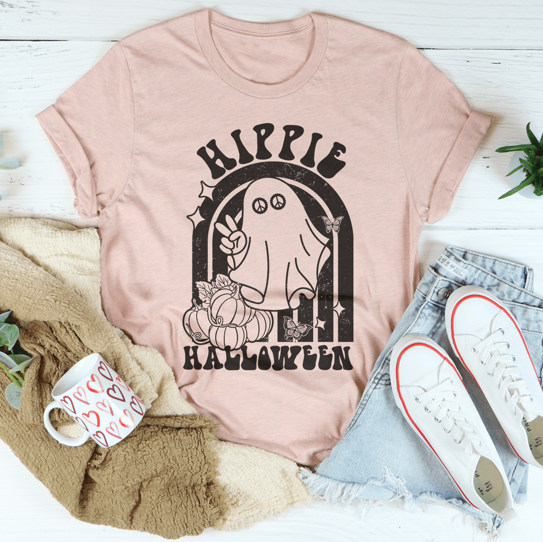 Peach crew-neck graphic tee with black hippie Halloween arch print