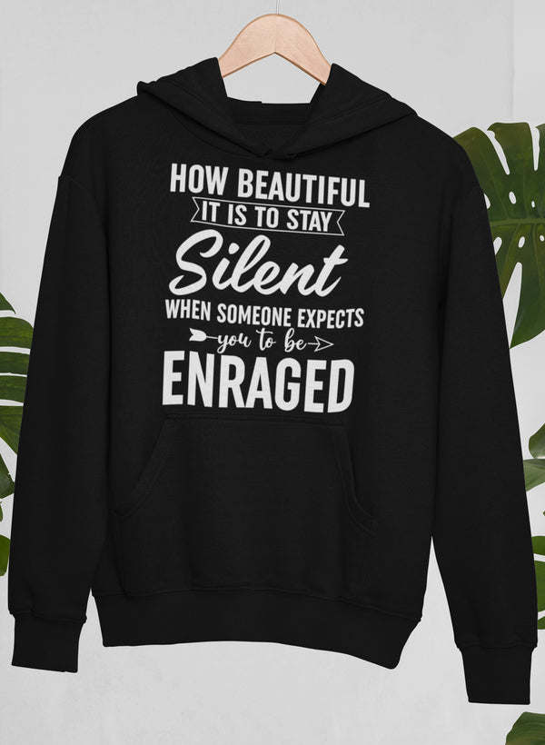 Black hoodie with front pocket and “Silent” graphic text on chest