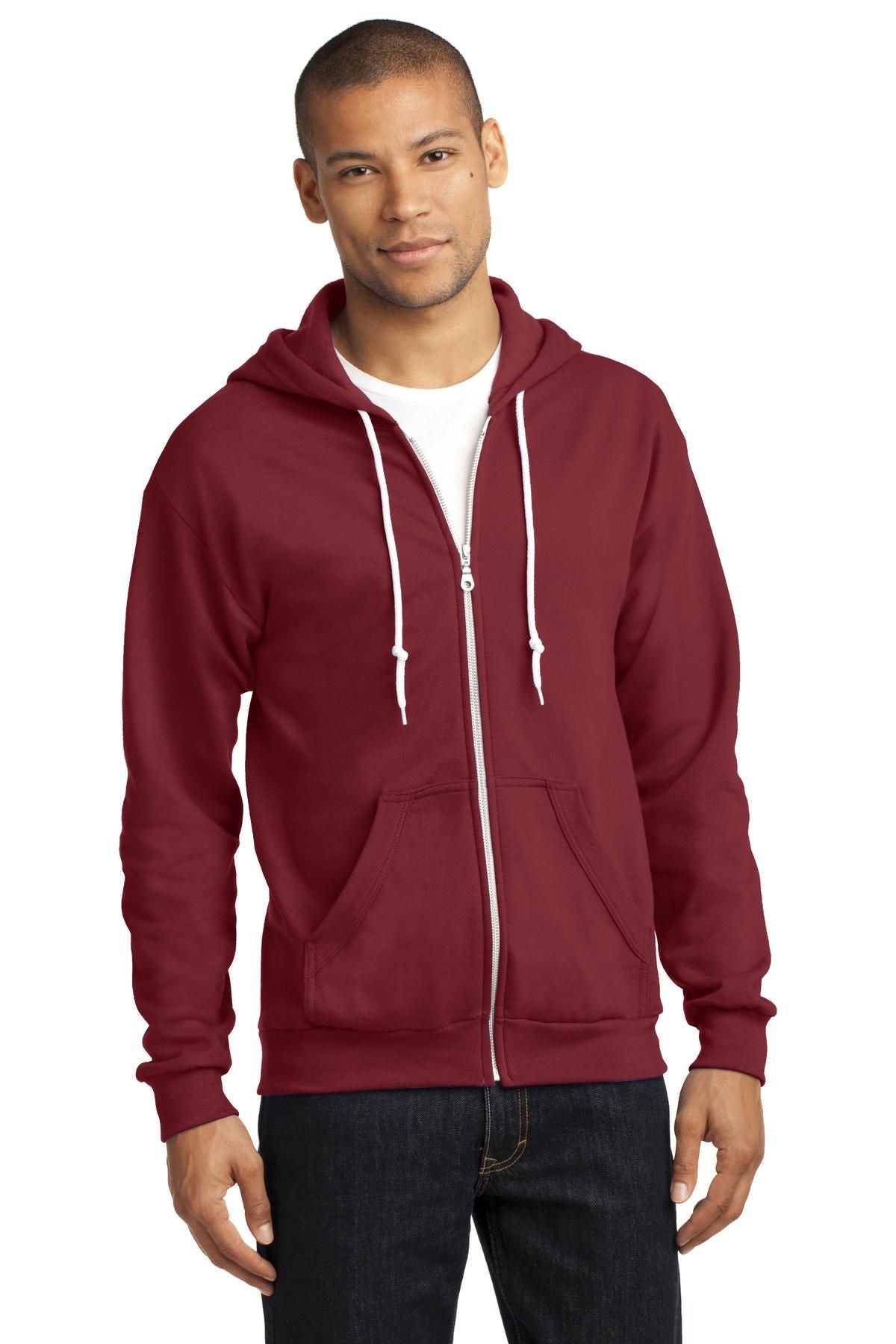 Full-zip hooded sweatshirt in burgundy with white drawstrings and front zip pocket