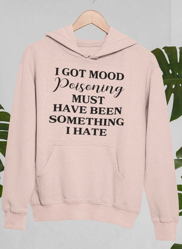 Soft pink hoodie with kangaroo pocket and hood; 'Poisoning' front graphic.