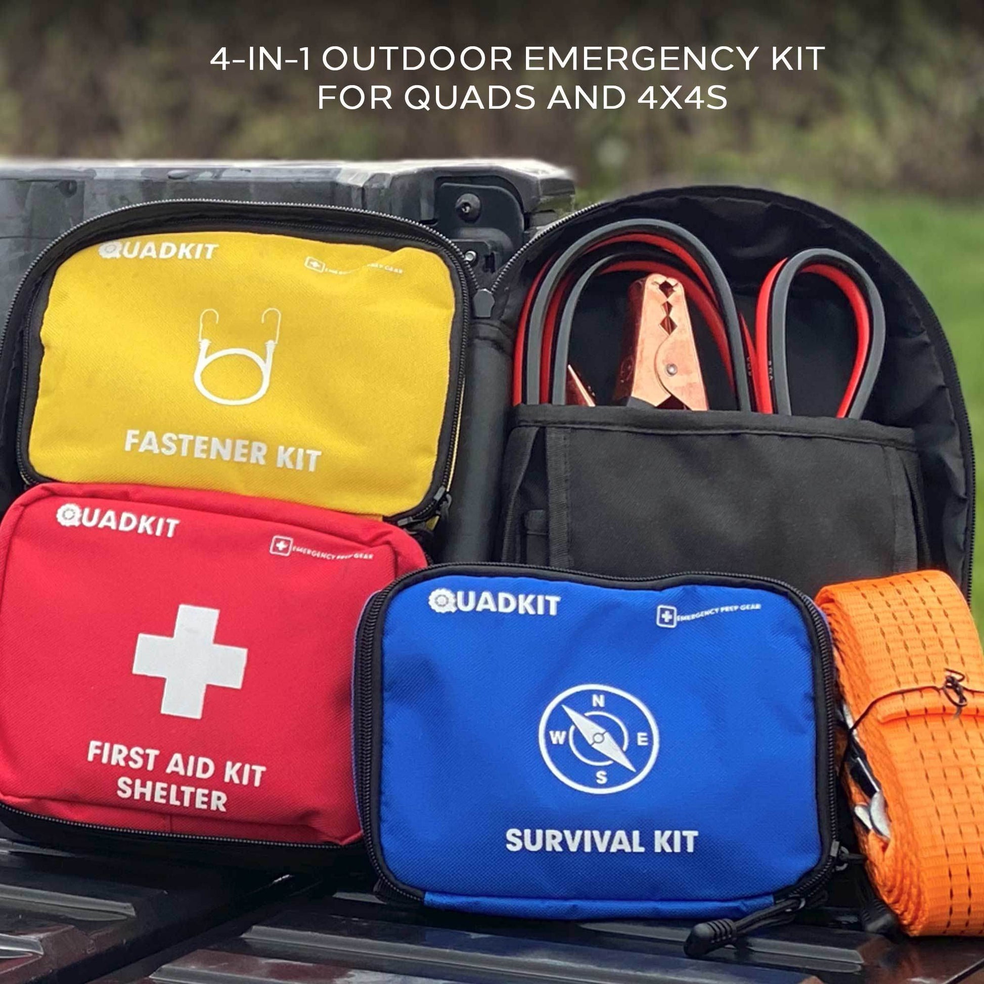 4-piece emergency kit pouches: yellow fastener kit, red first aid kit shelter, blue survival kit