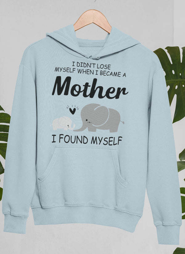 Light blue hoodie with hood, kangaroo pocket, and “Mother” text with elephant graphic